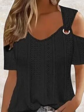Ranlege Black Cold-Shoulder Eyelet Knit Top with Ring Strap
